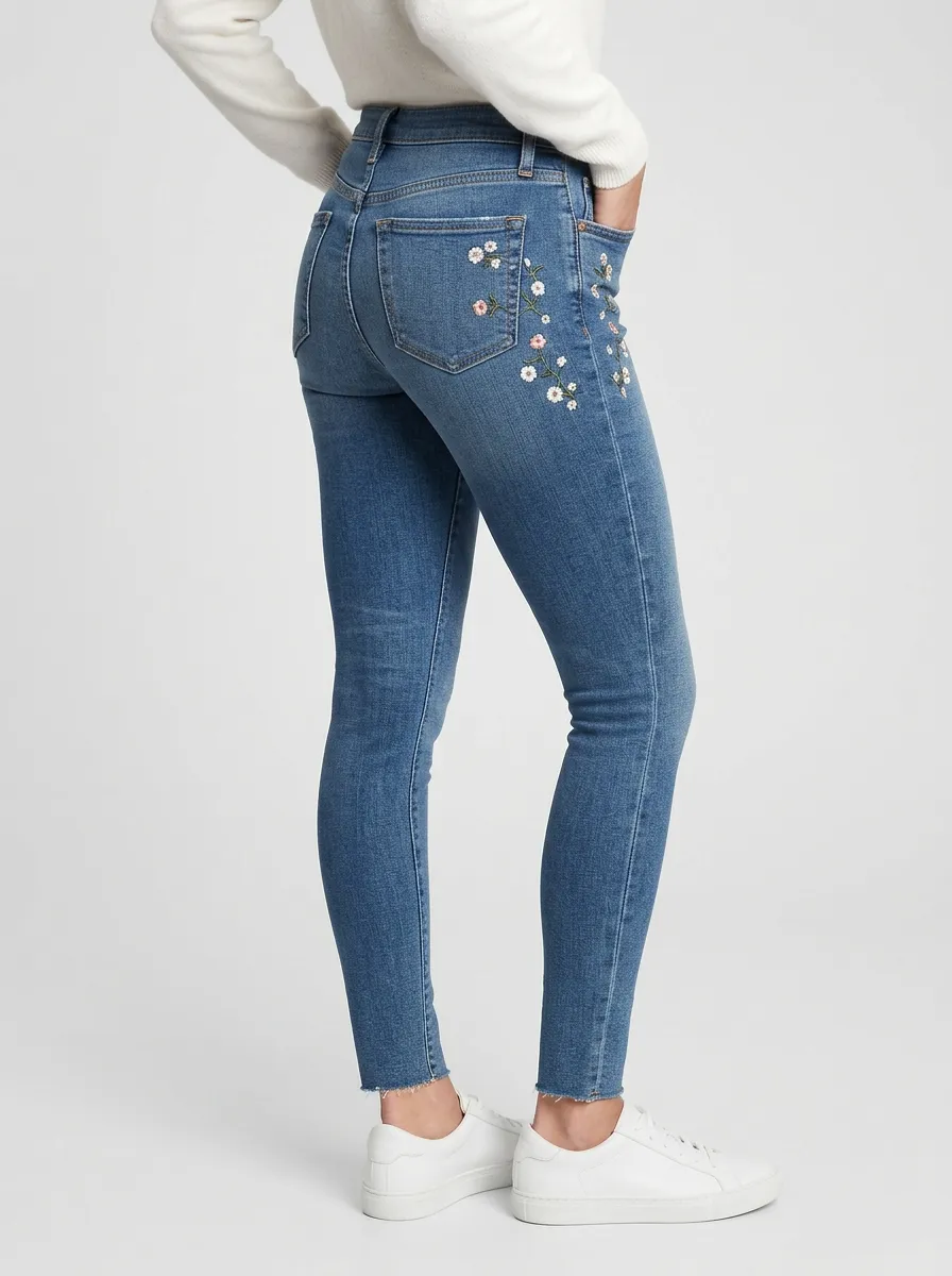 Women's Floral Daisy Embroidered Printed Slim Jeans