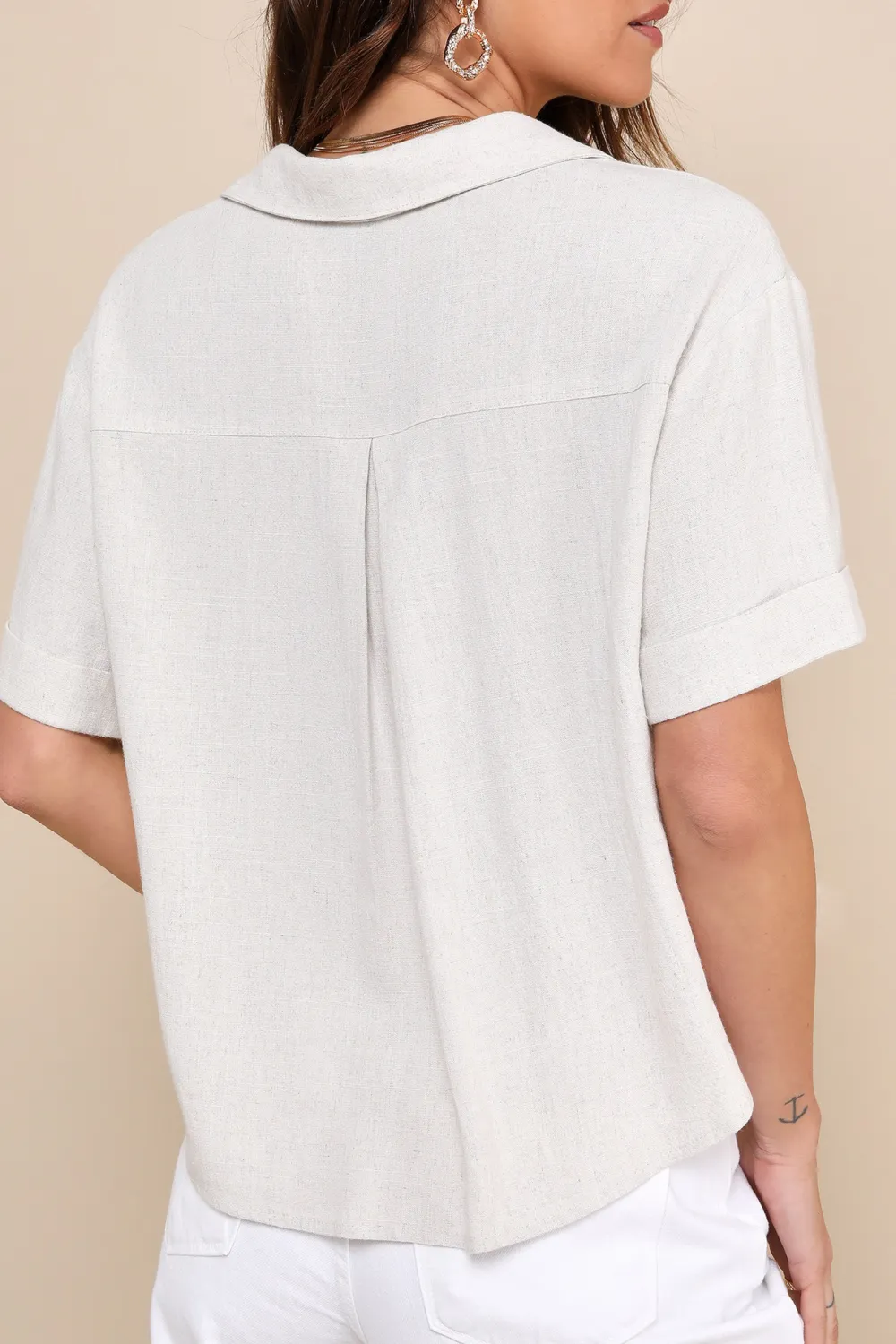 Casual Style Linen Collared Button-Up Top