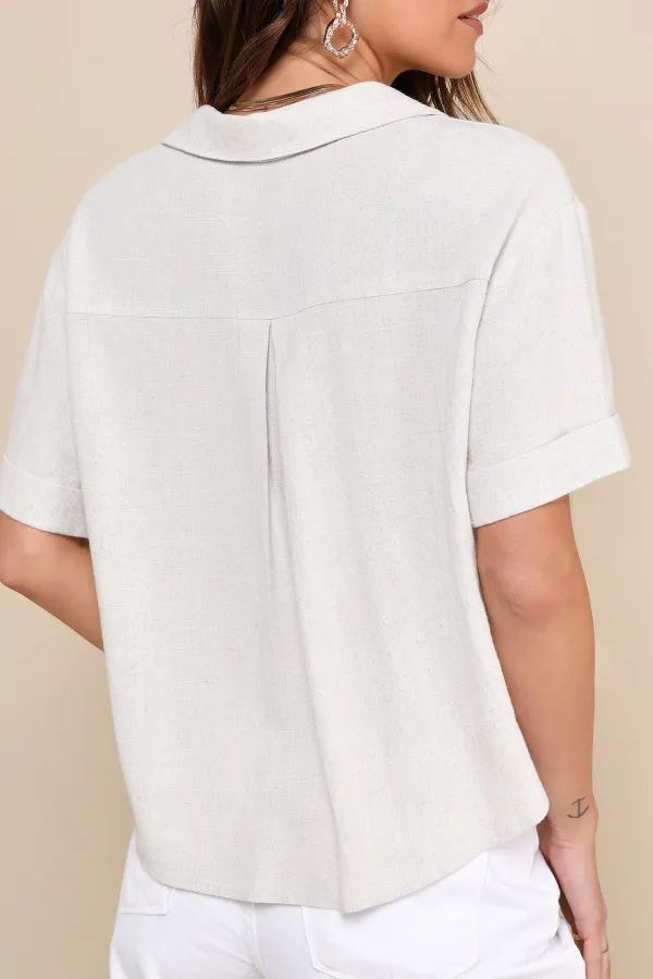 Short Sleeve Linen Collared Button-Up Top