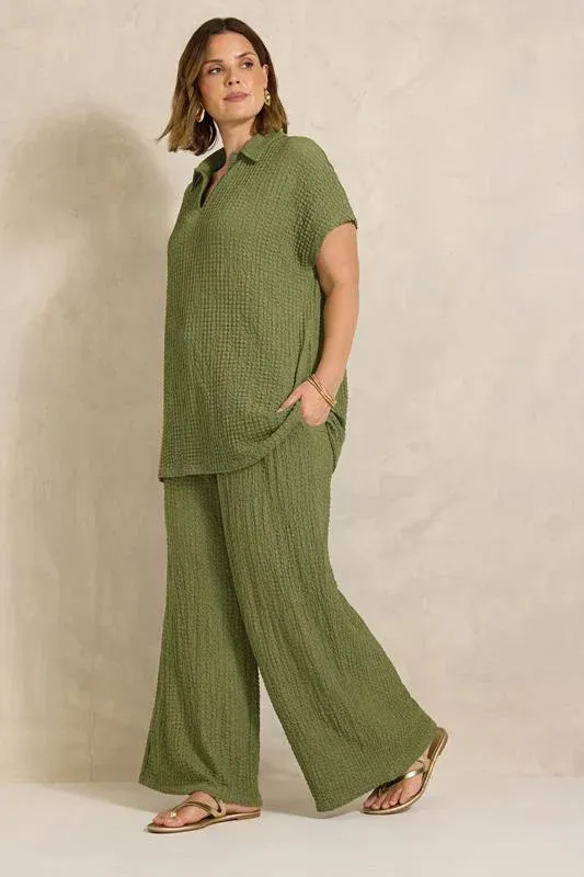 Khaki Green Crinkle Short Sleeve Top