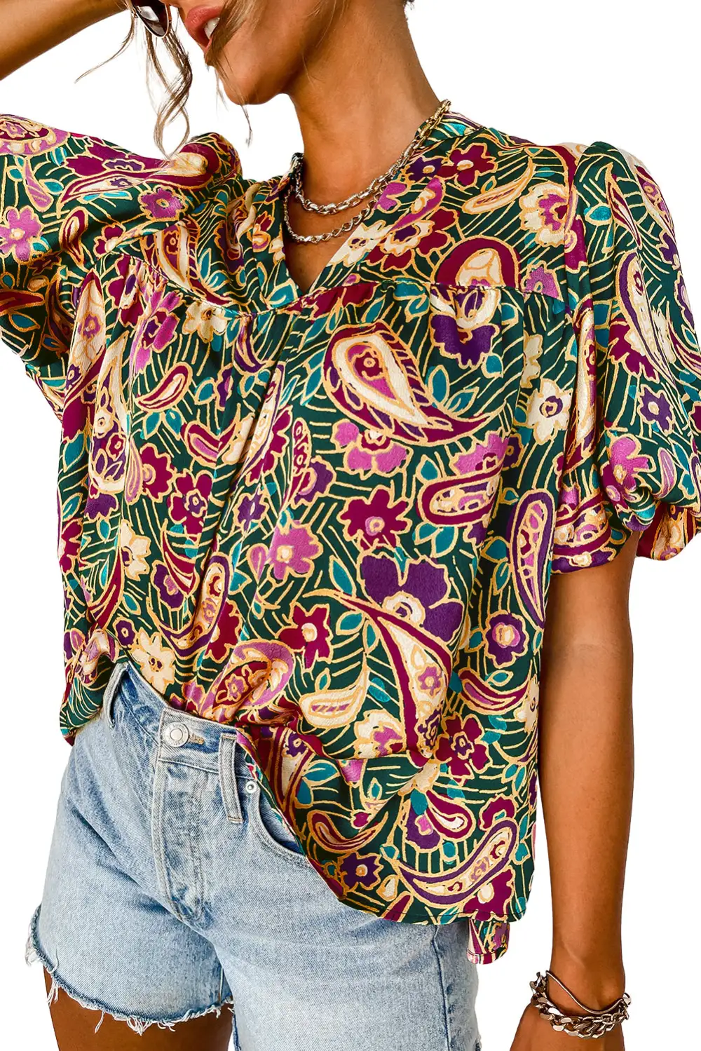 Bubble Sleeve V Neck Blouse