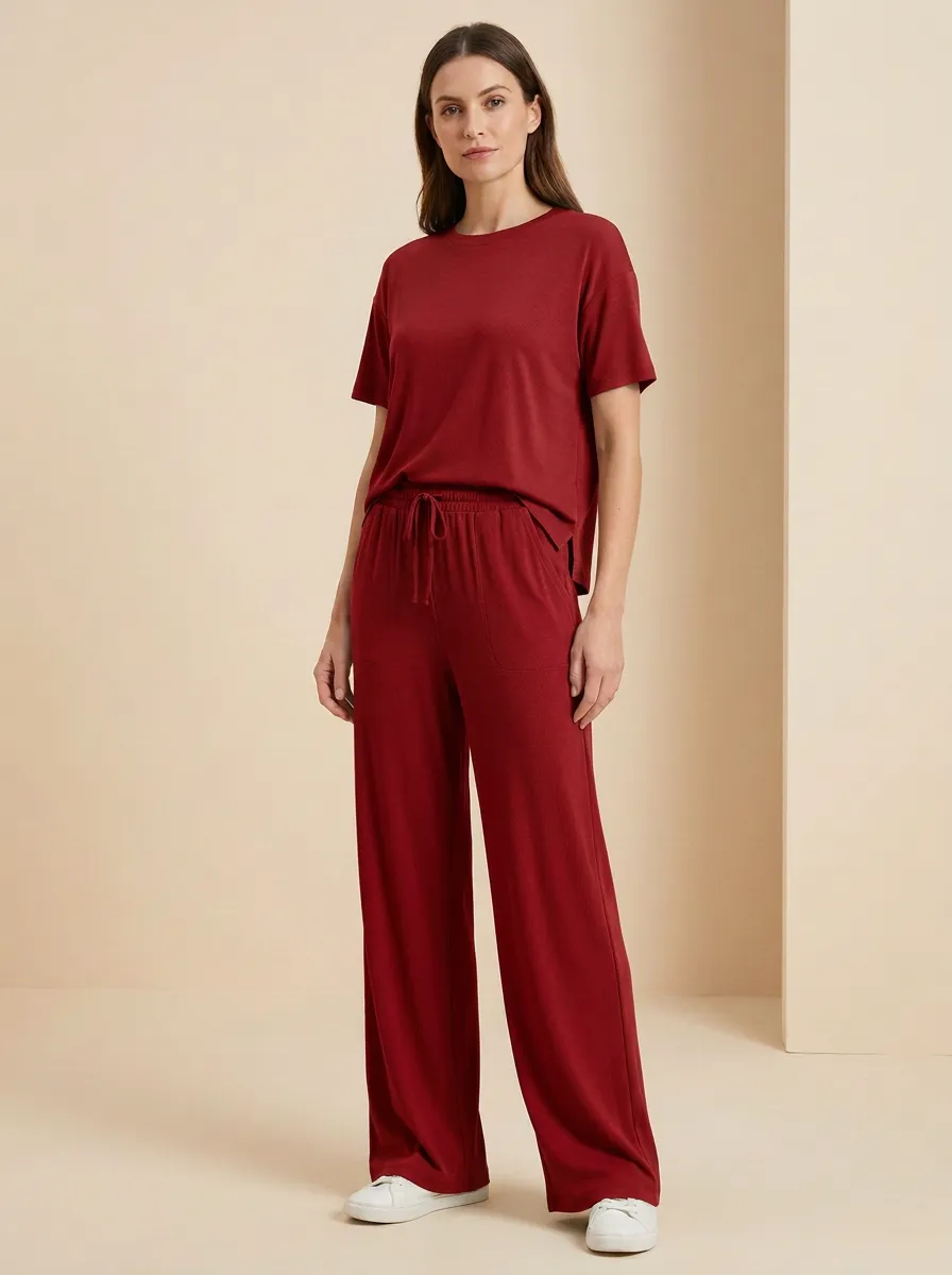 Women's Side-Slit Crewneck Top And Drawstring Patch-Pocket Wide-Leg Trouser Lounge Set