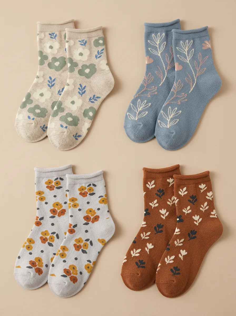Women's Four-Pair Leaf Floral Ribbed Crew Sock Set