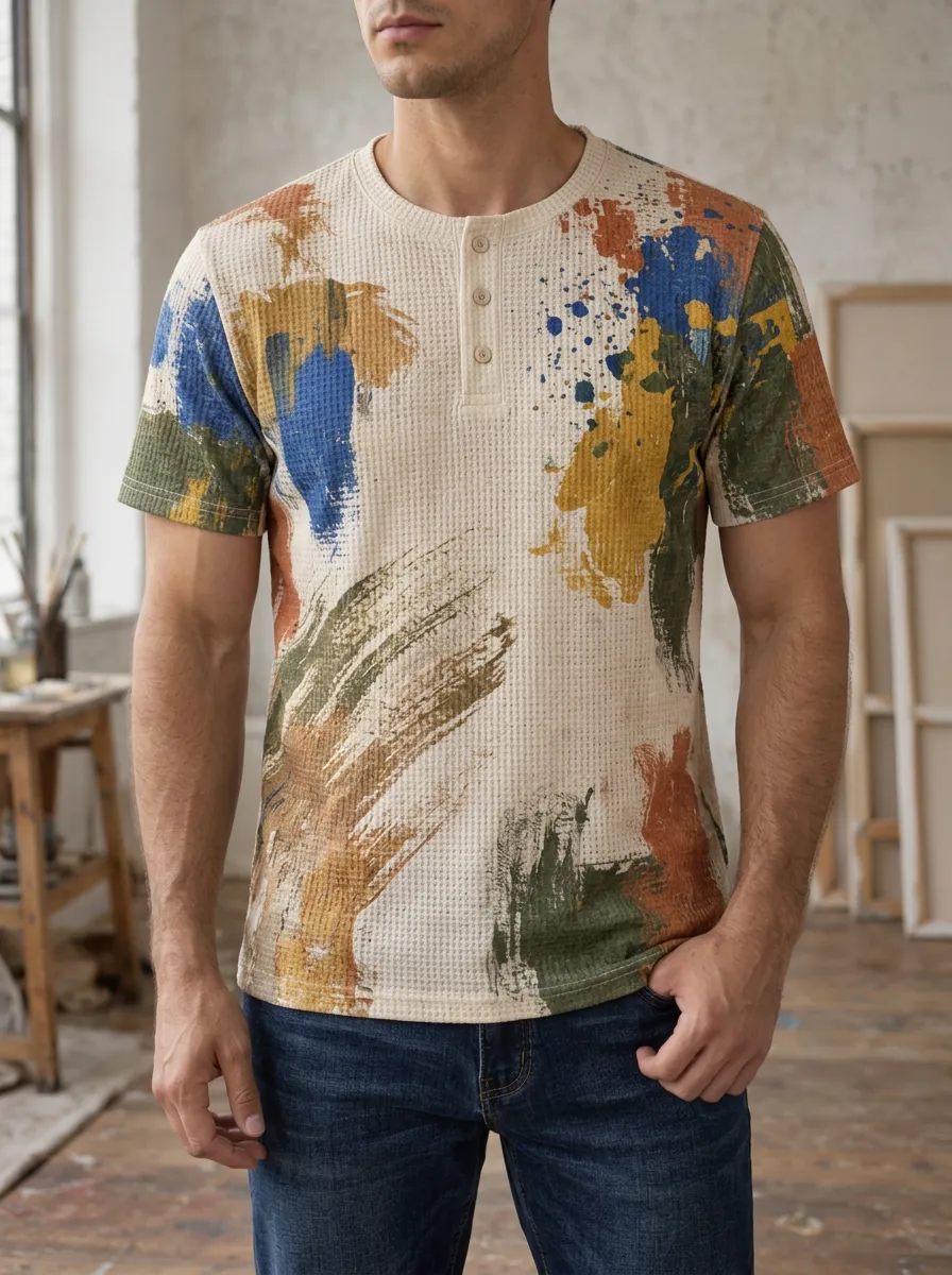 Men's Abstract Art Paint Splatter Waffle Knit Printed Henley T-shirt