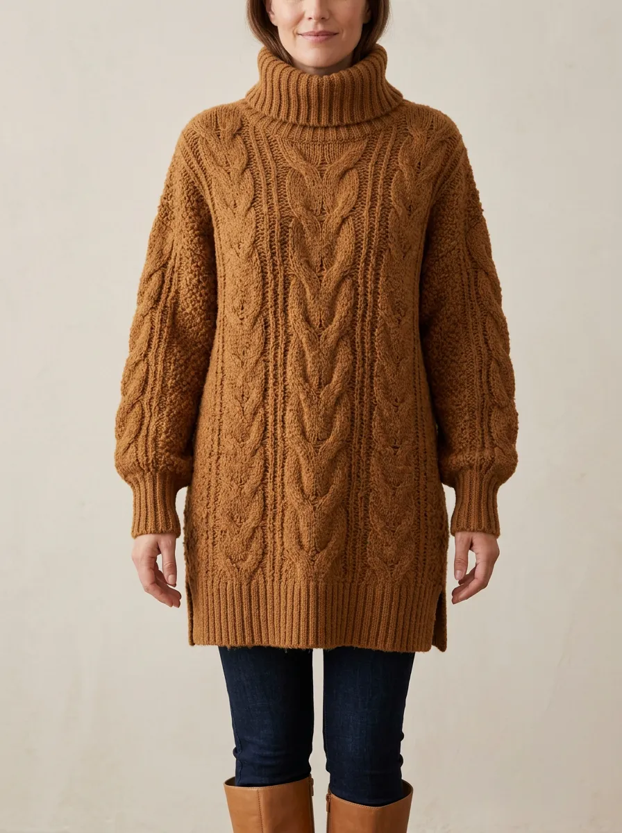 Women's Brown Cable Knit Patterned Turtleneck Sweater
