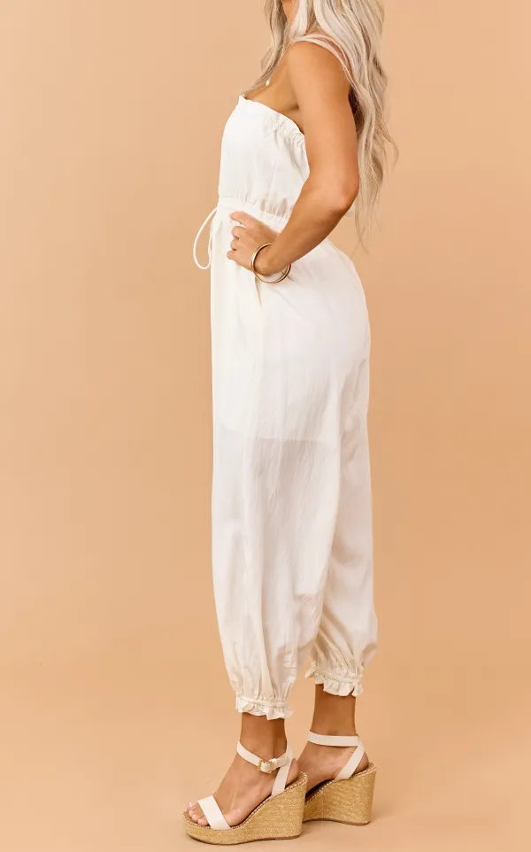 Cream Strapless Balloon Leg Ruffle Trim