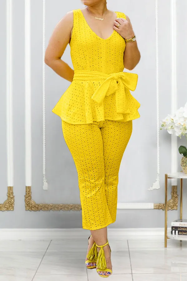 Solid Color Peplum Belted Pant Set