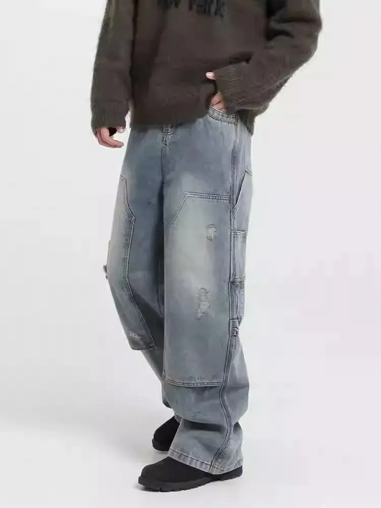Washed Distressed Workwear Jeans