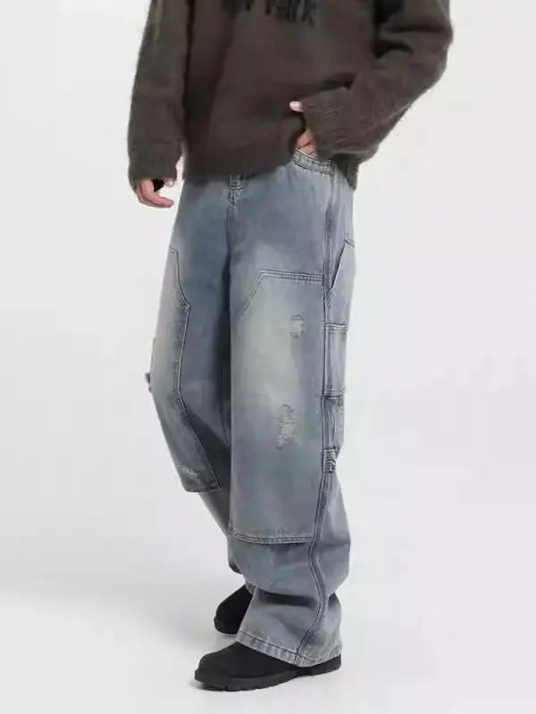 Washed Distressed Workwear Jeans