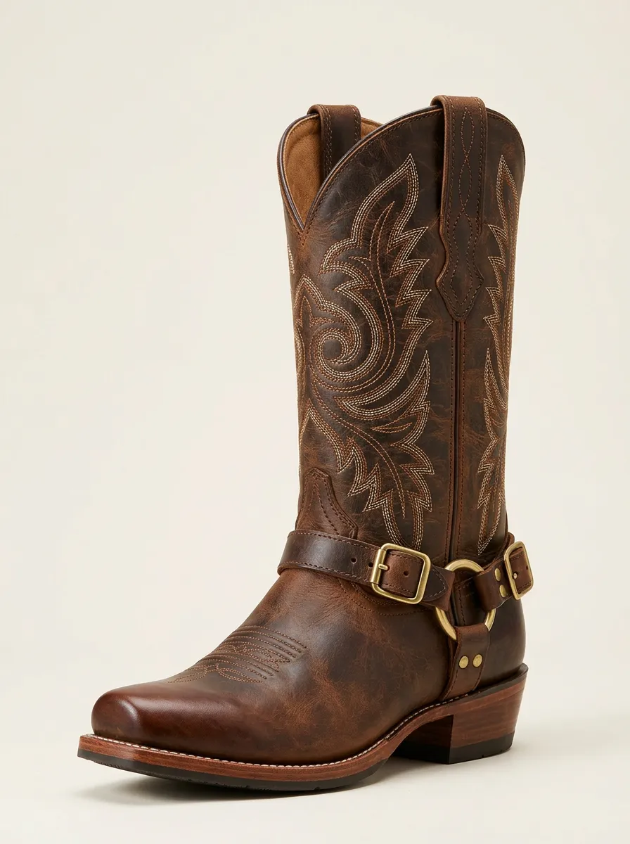 Men's Western Cowboy Brown Leather Embroidered Buckle Printed Boots