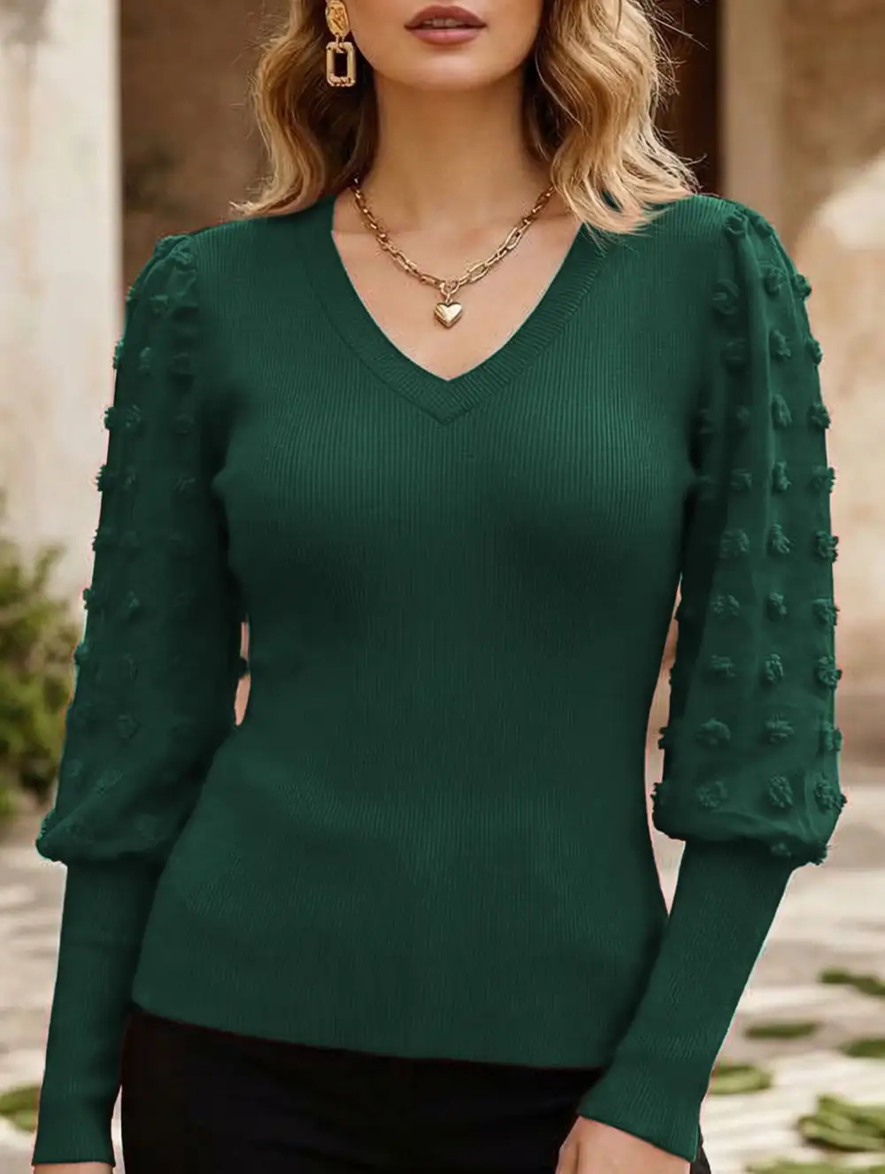 Ribbed V-Neck Chiffon Sleeve Top