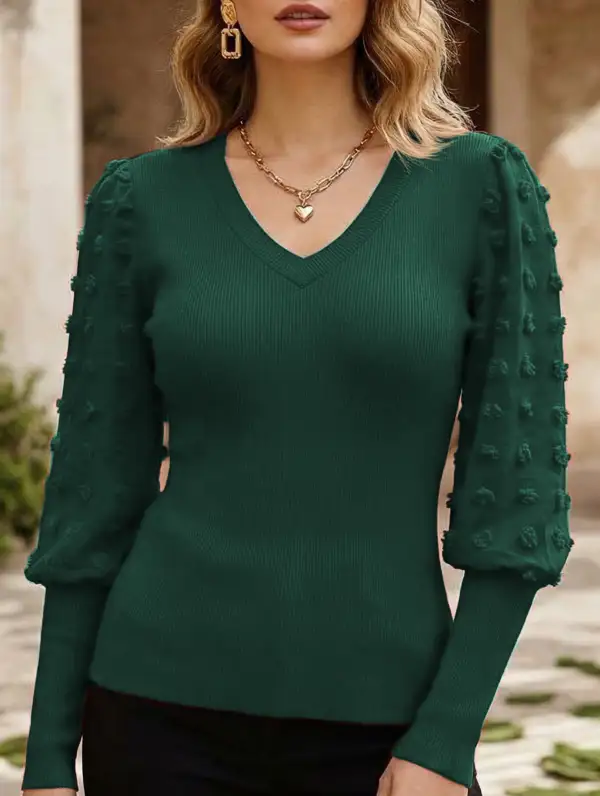 Ribbed V-Neck Chiffon Sleeve Top