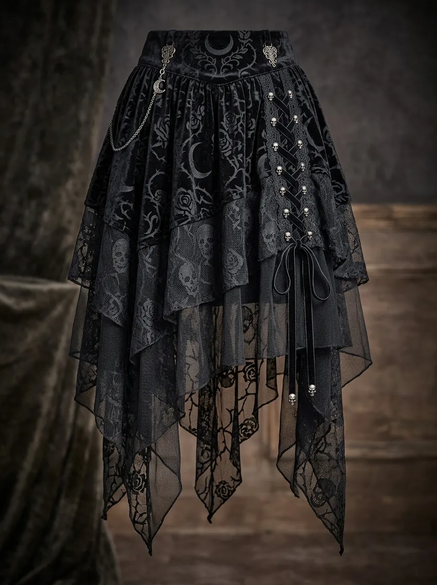 Noir Skull Rose Moon Dark Look Women's Gothic High-Low Skirt