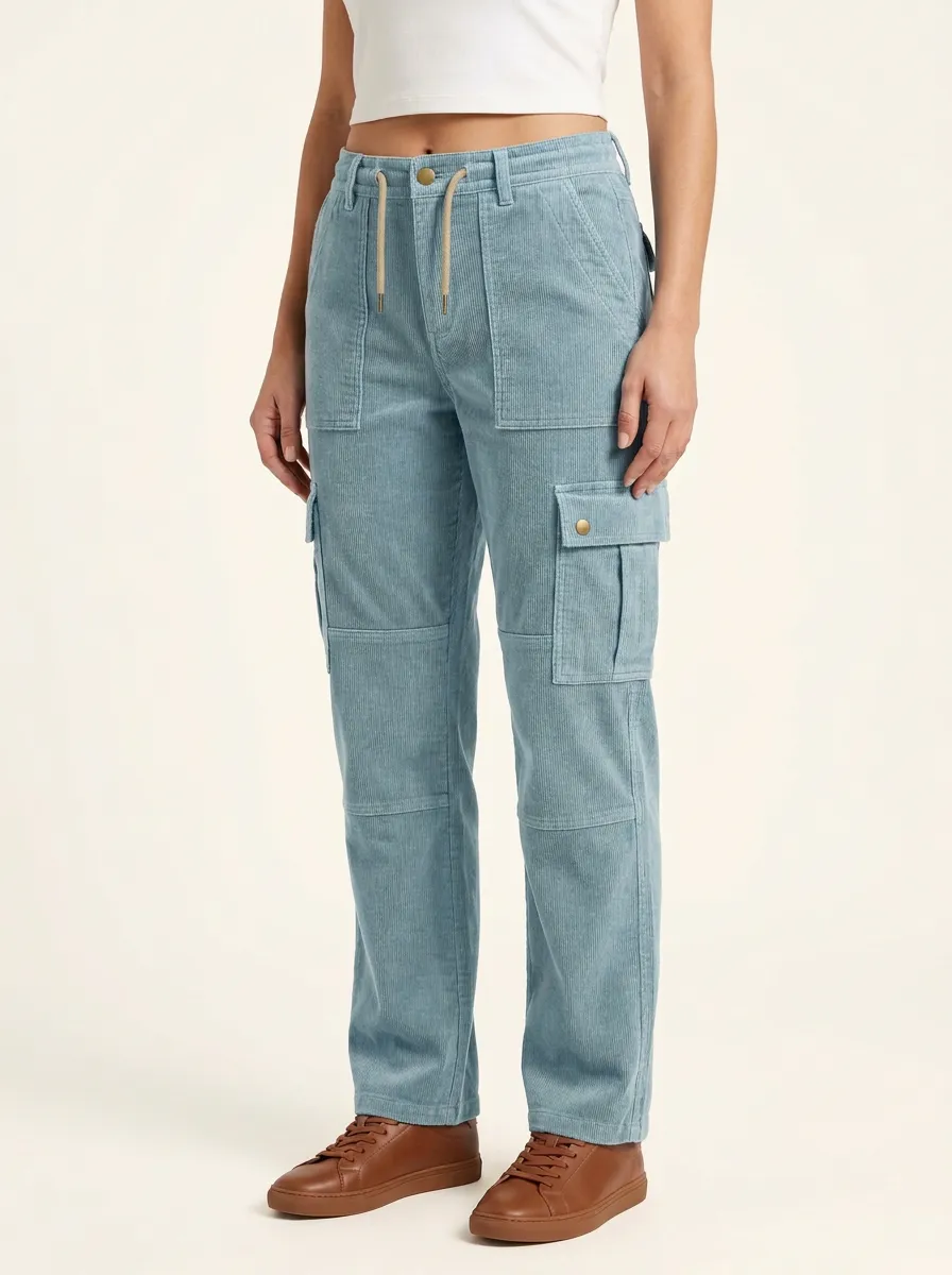 Women's Drawstring Knee-Seam Cargo Straight-Leg Corduroy Pants