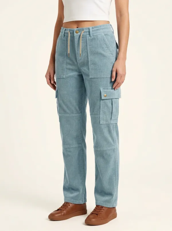 Women's Drawstring Knee-Seam Cargo Straight-Leg Corduroy Pants