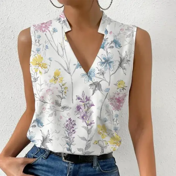 Floral V-Neck Sleeveless Blouse