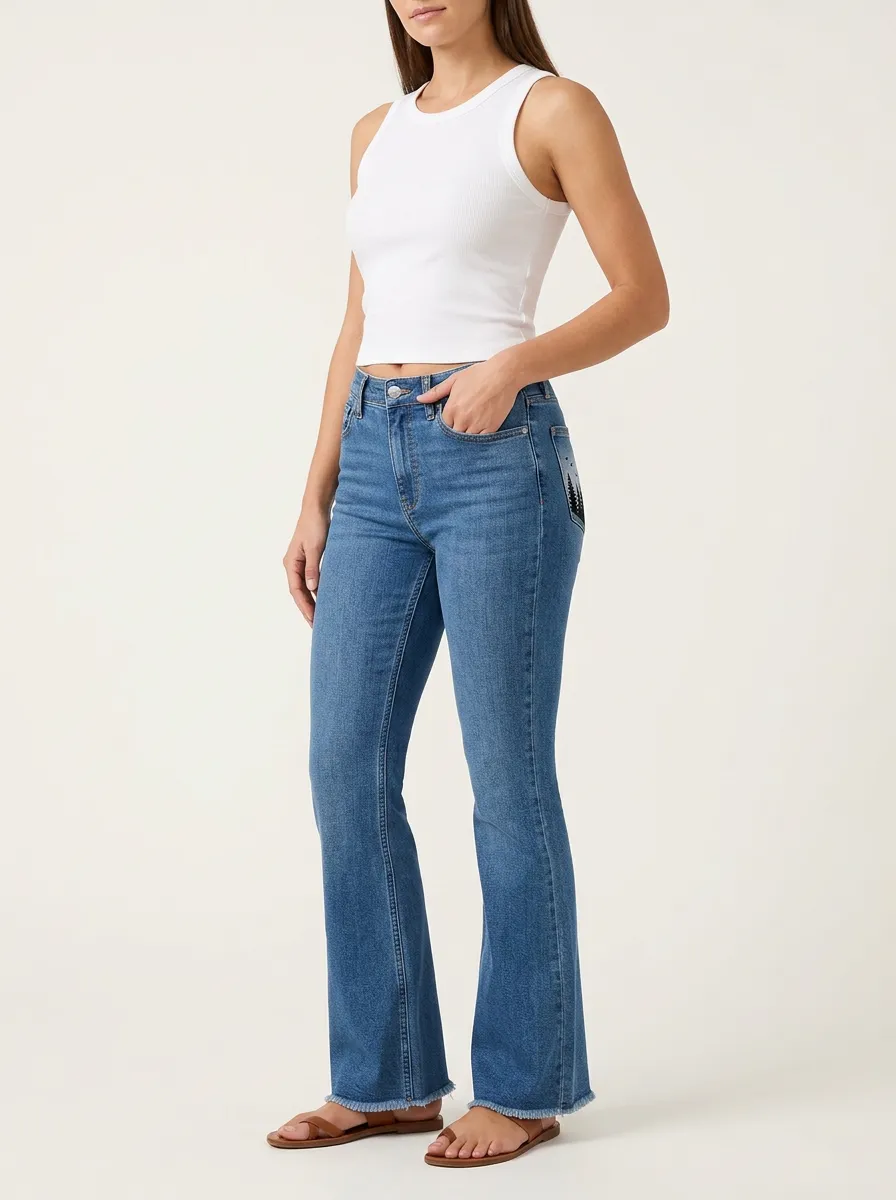 Women's Forest Landscape Back-Pocket Graphic Frayed-Hem Flare Jeans