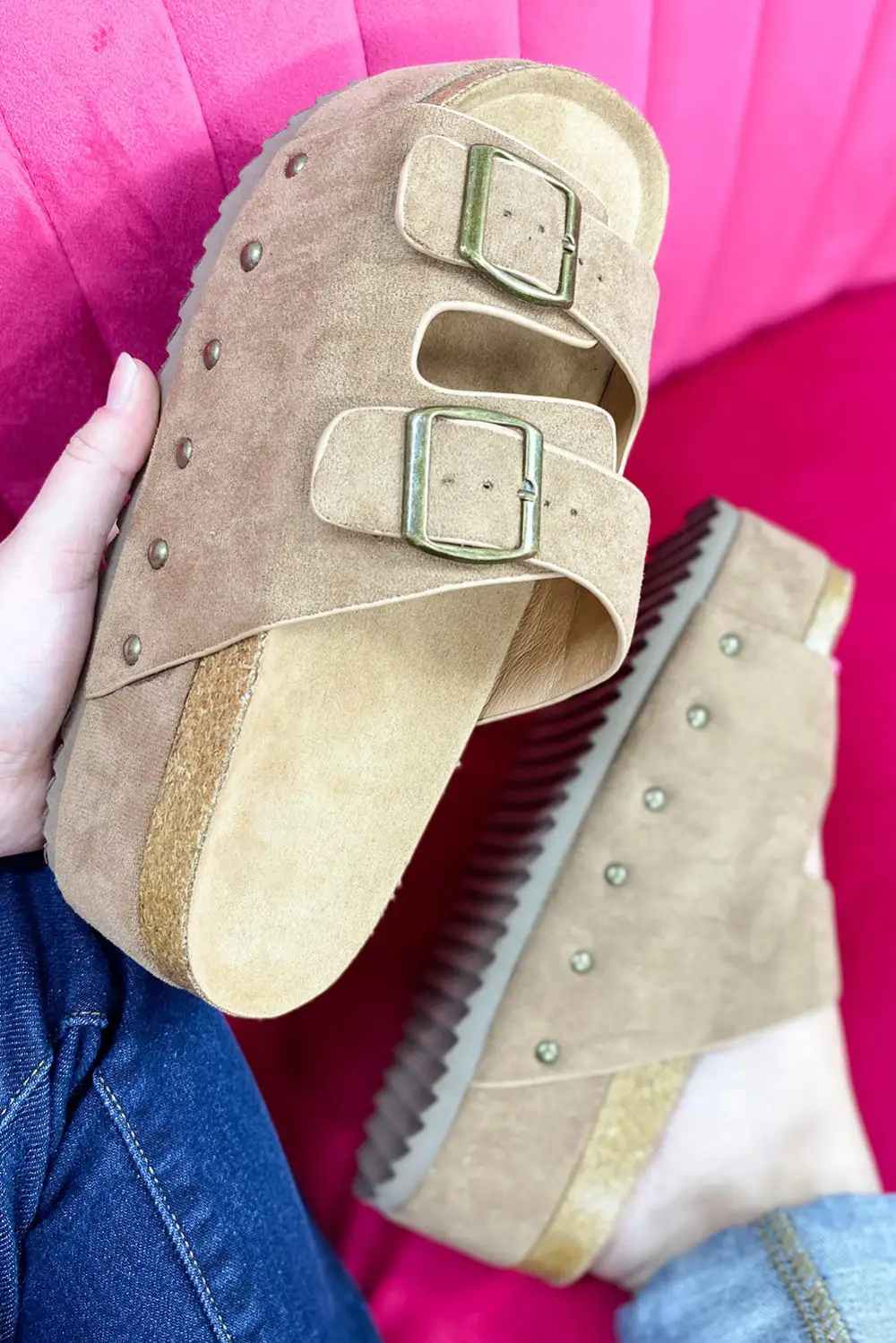 Suede Buckle Decor Footbed Sandals Slide Slippers