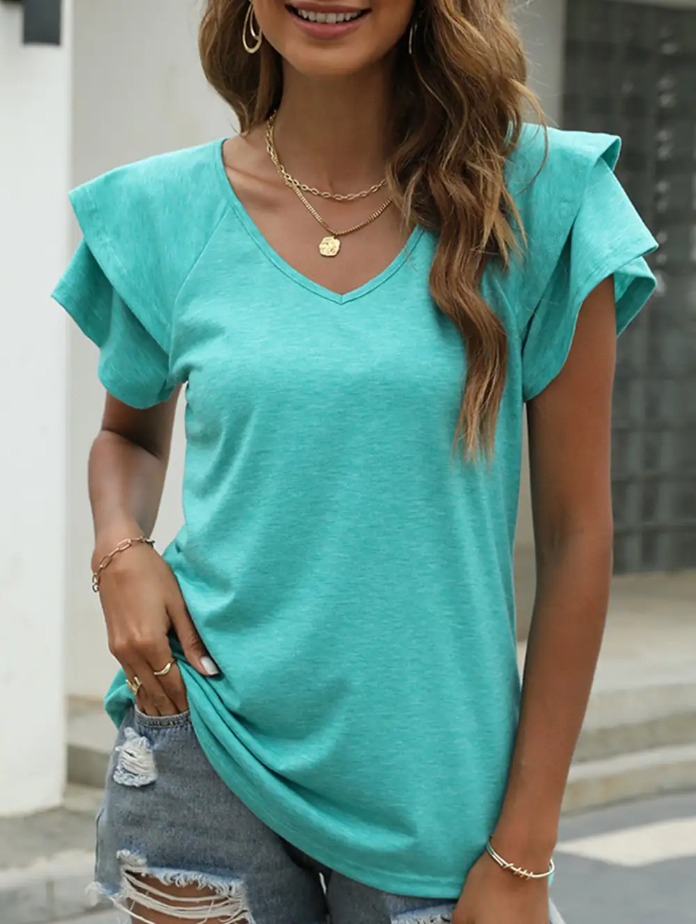 V Neck Double Layer Ruffle Sleeve Tank Top