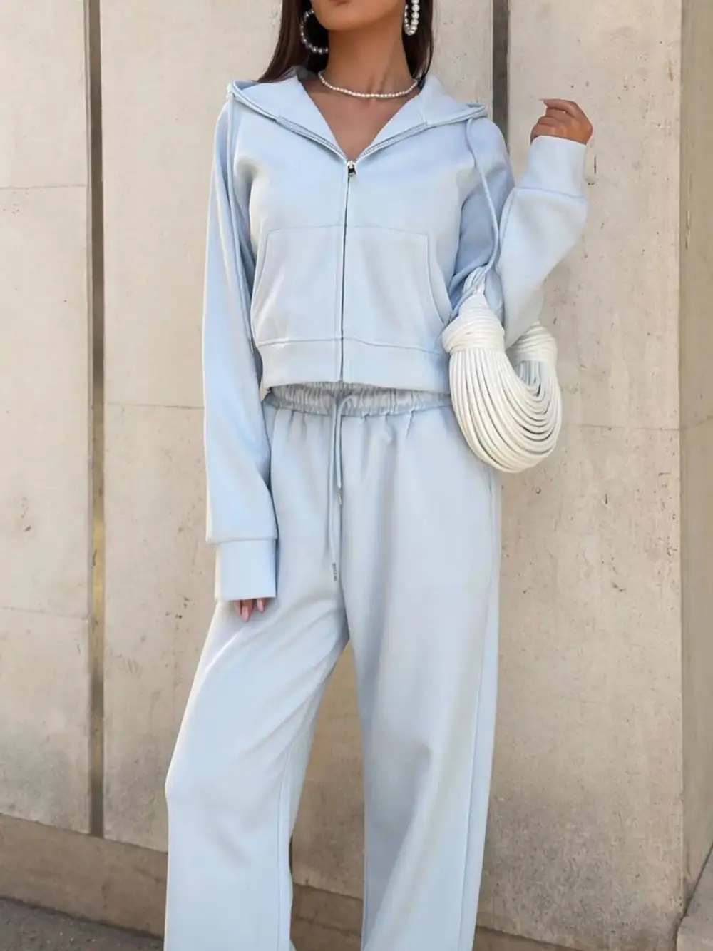 Zip Up Drawstring Hoodie And Pants Set