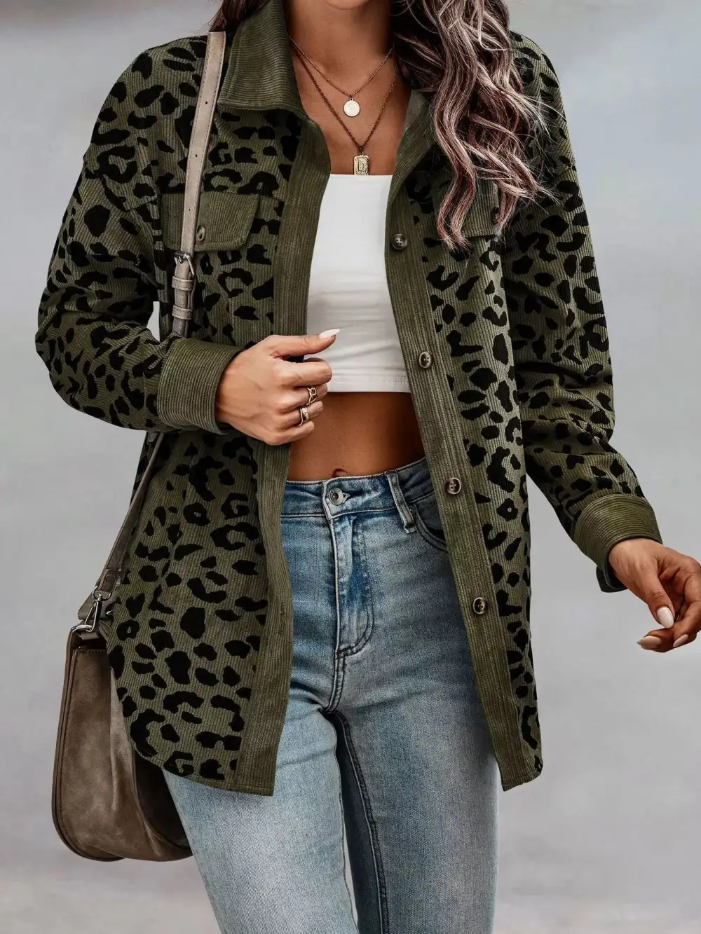 Full Size Leopard Print Button-down Jacket Plus Size