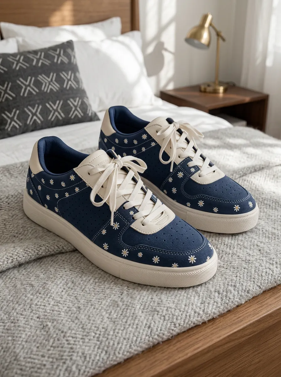 Women's Daisy Floral Pattern Navy Blue Printed Sneakers