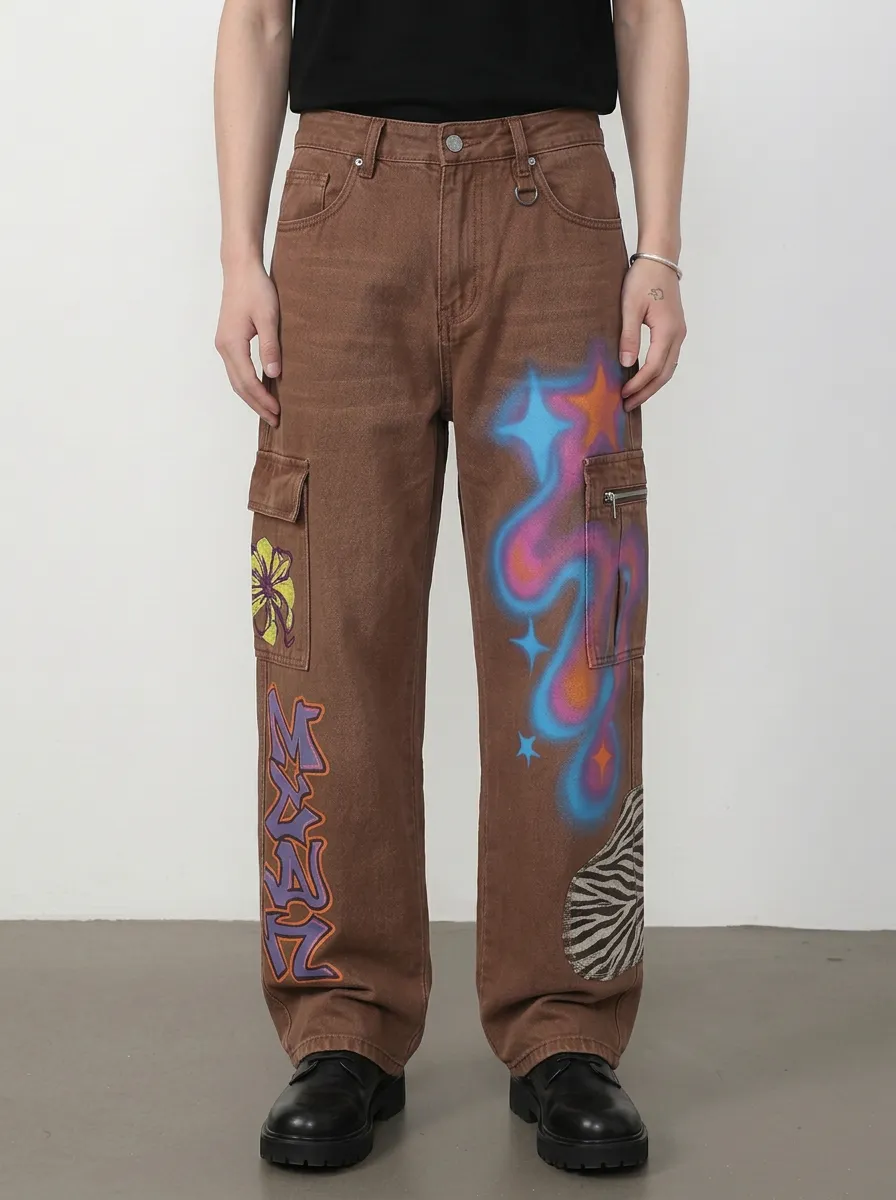 Men's Streetwear Graffiti Star Zebra Contemporary Graphic Cargo Jeans