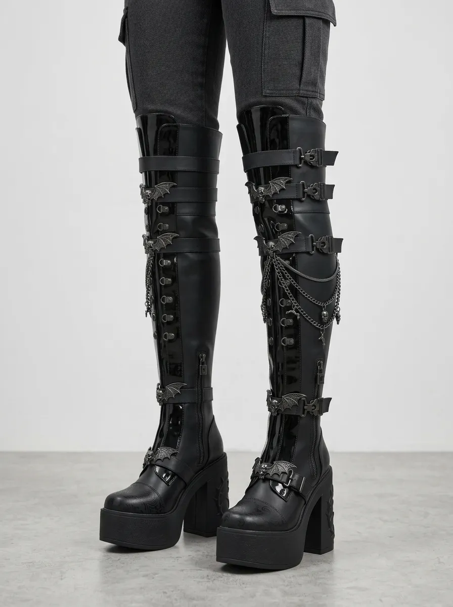 Classic Gothic Bat Chain Buckle Edit Women's Gothic Platform Boots