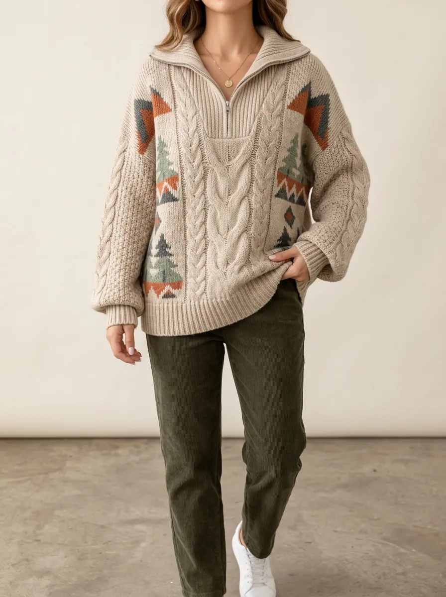 Women's Quarter-Zip Knit Sweater Featuring Pine Tree Geometric Detail
