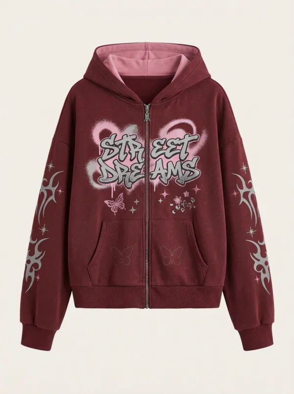 Women's Y2K Streetwear Butterfly Graffiti Printed Zip-up Hoodie