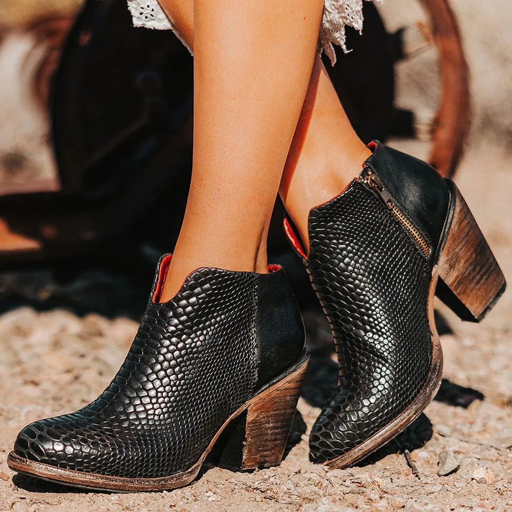 Faux-Leather Snakeskin-Print Zip-Up Round-Toe Ankle Boots