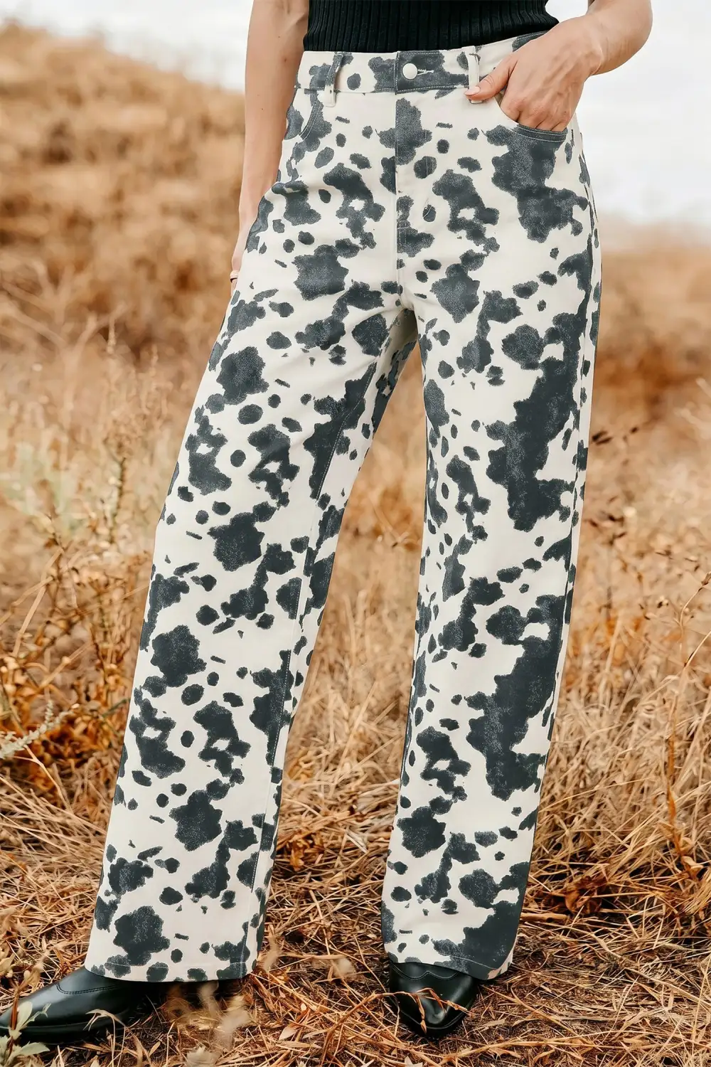 Women's Abstract Print Metal Button Regular Fit Full Length Jeans