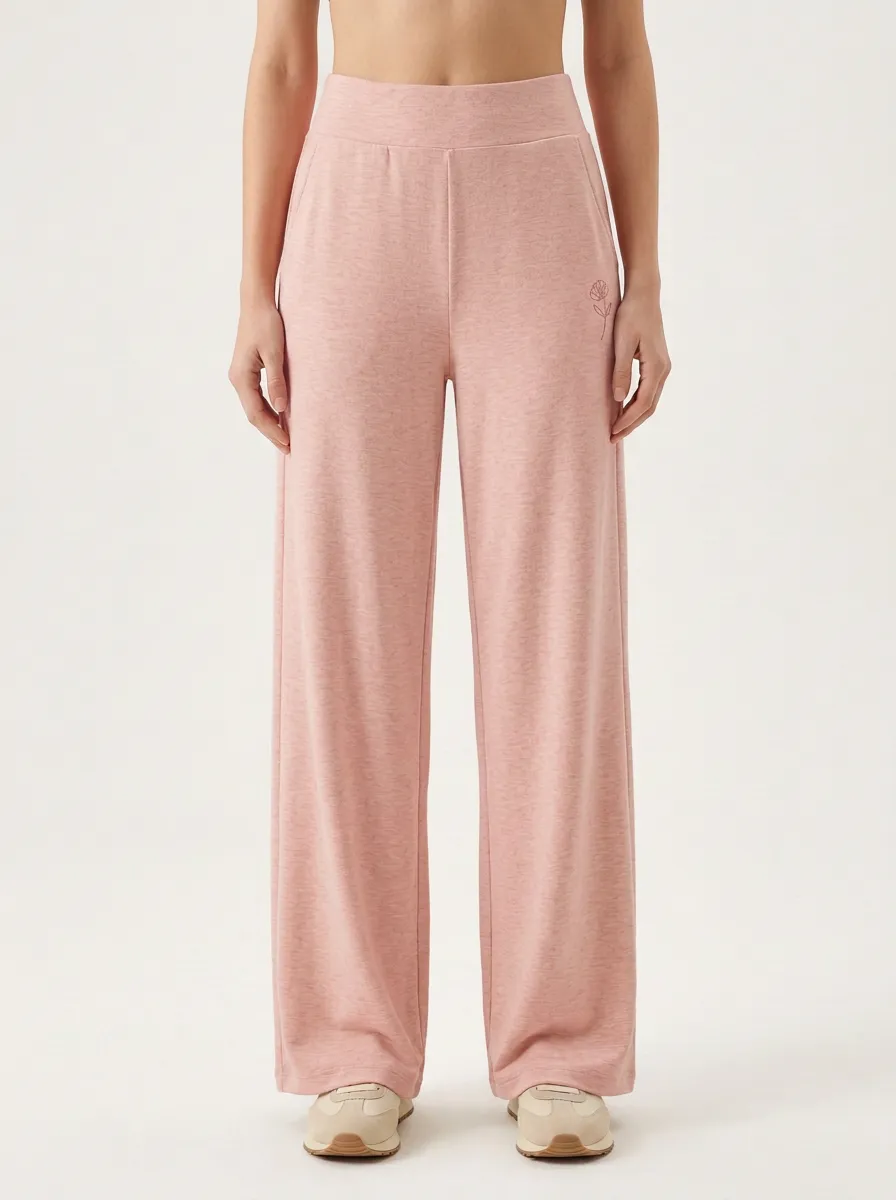 Women's Minimalist Rose Embroidered Solid Beige Wide Leg Pants