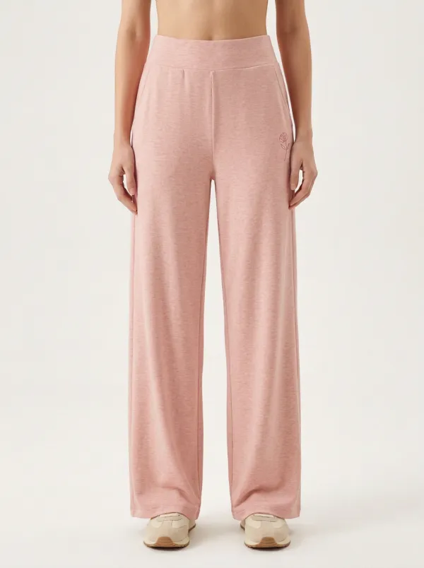 Women's Minimalist Rose Embroidered Solid Beige Wide Leg Pants