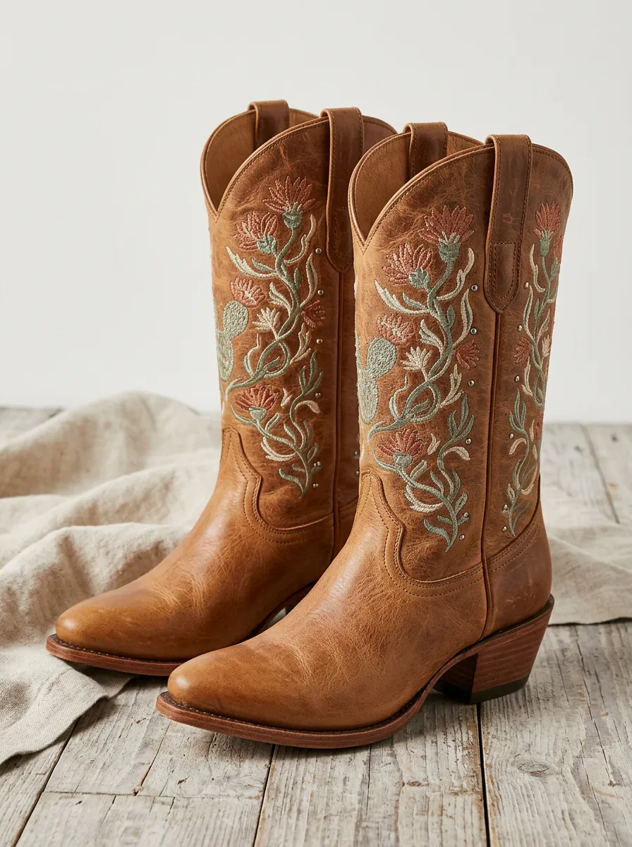 Desert Cactus Floral Embroidered Collection Unisex Western Cowboy Boots