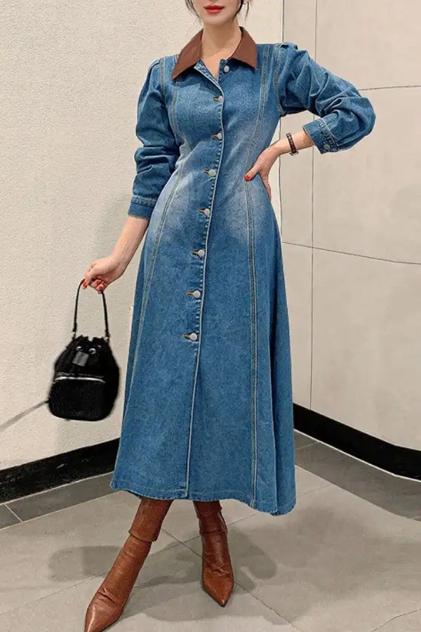 Patchwork Gradient Denim Single-Breasted Midi Dress