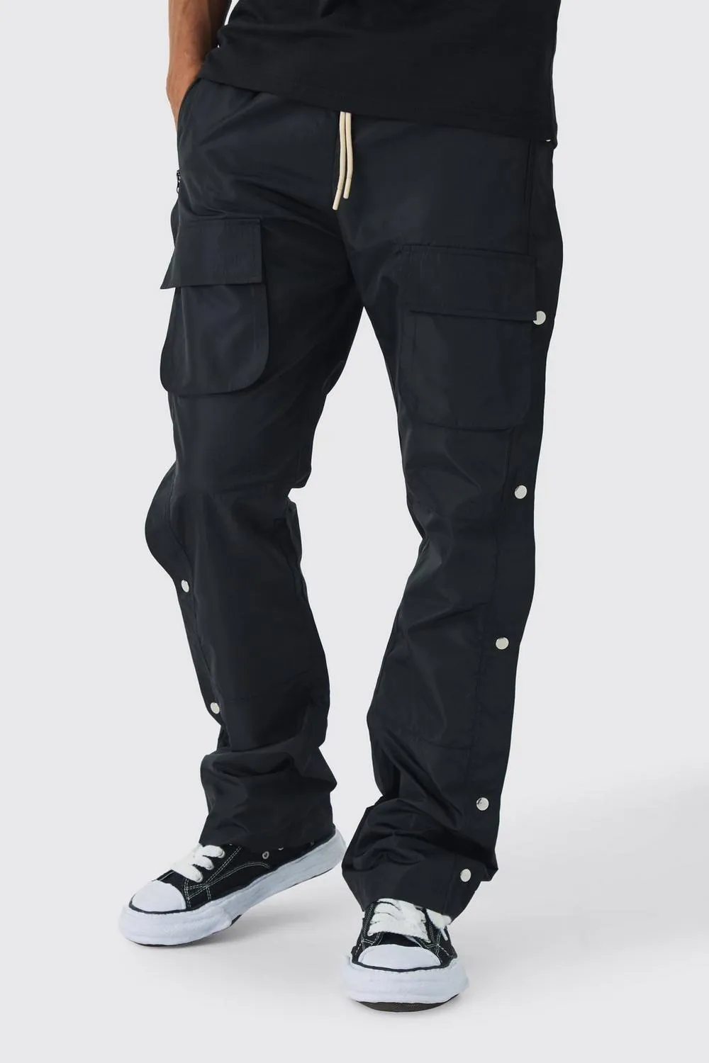 Black Elasticated Waist Slim Flare Stacked Cargo Pants Daily