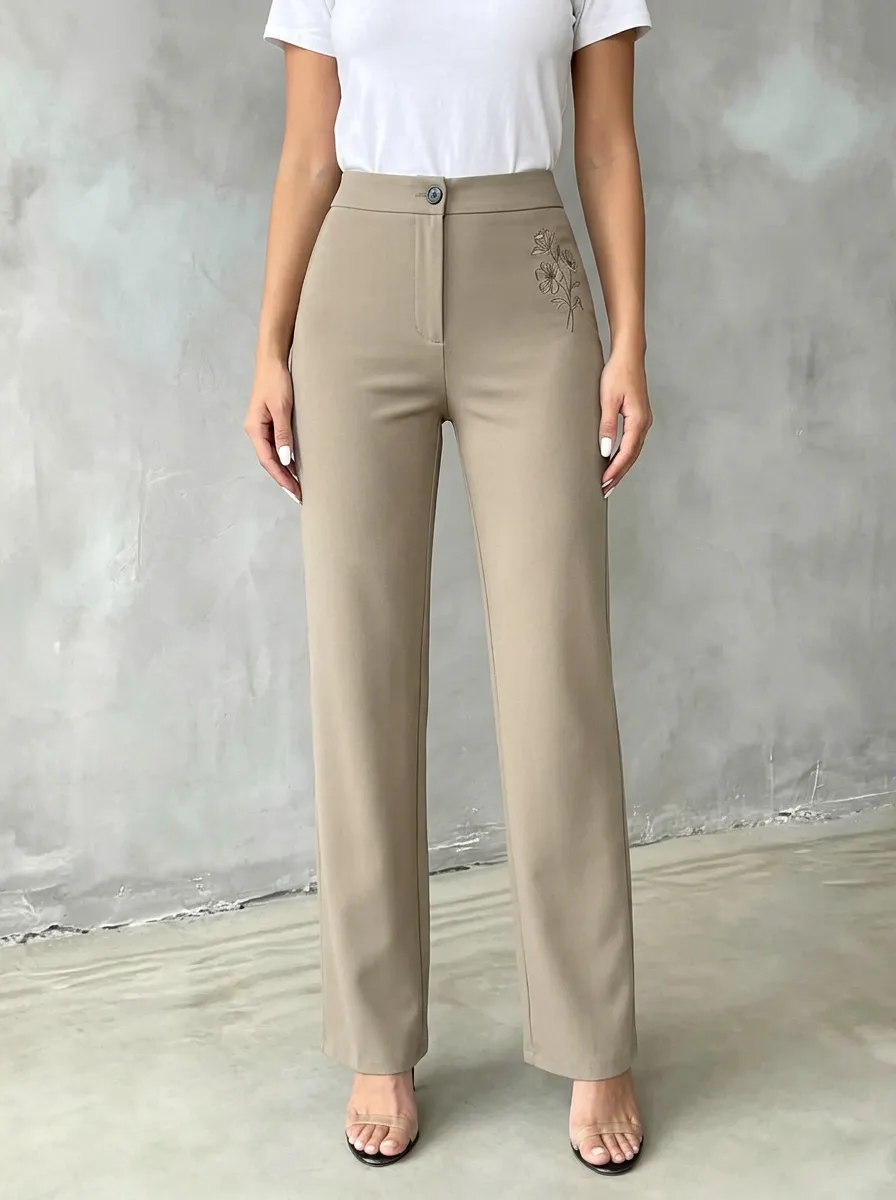 Women's Contemporary Flexible Floral Embroidered Mid Rise Straight Leg Pants