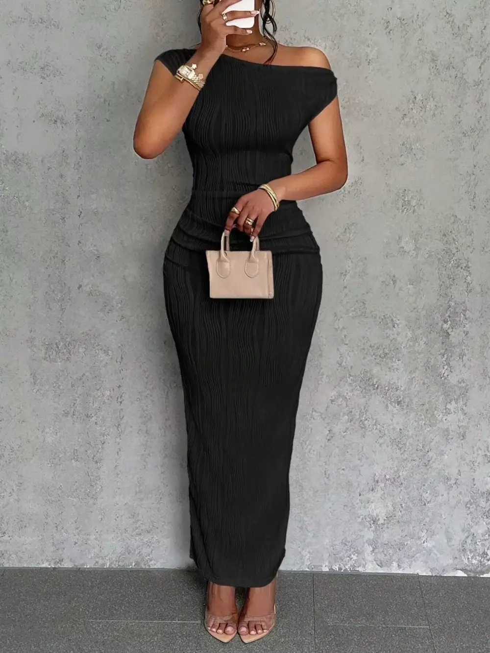 One Shoulder Textured Maxi Dress