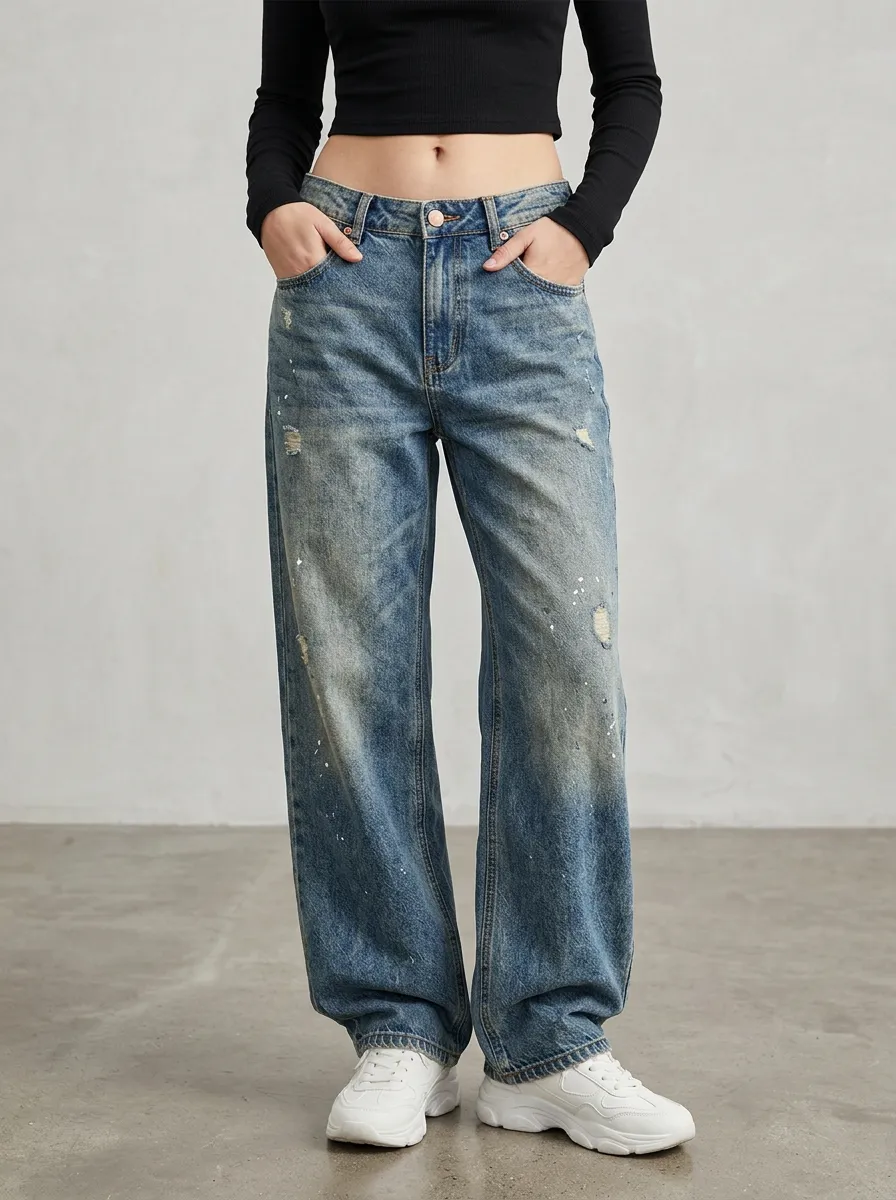 Women's Vintage Distressed Paint Splatter Printed Wide Leg Jeans