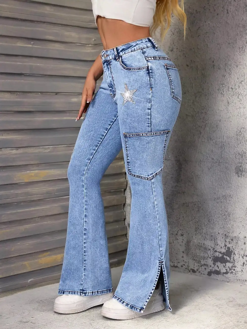 Women' High Waisted Casual Denim Slit Star Flare Leg Jeans