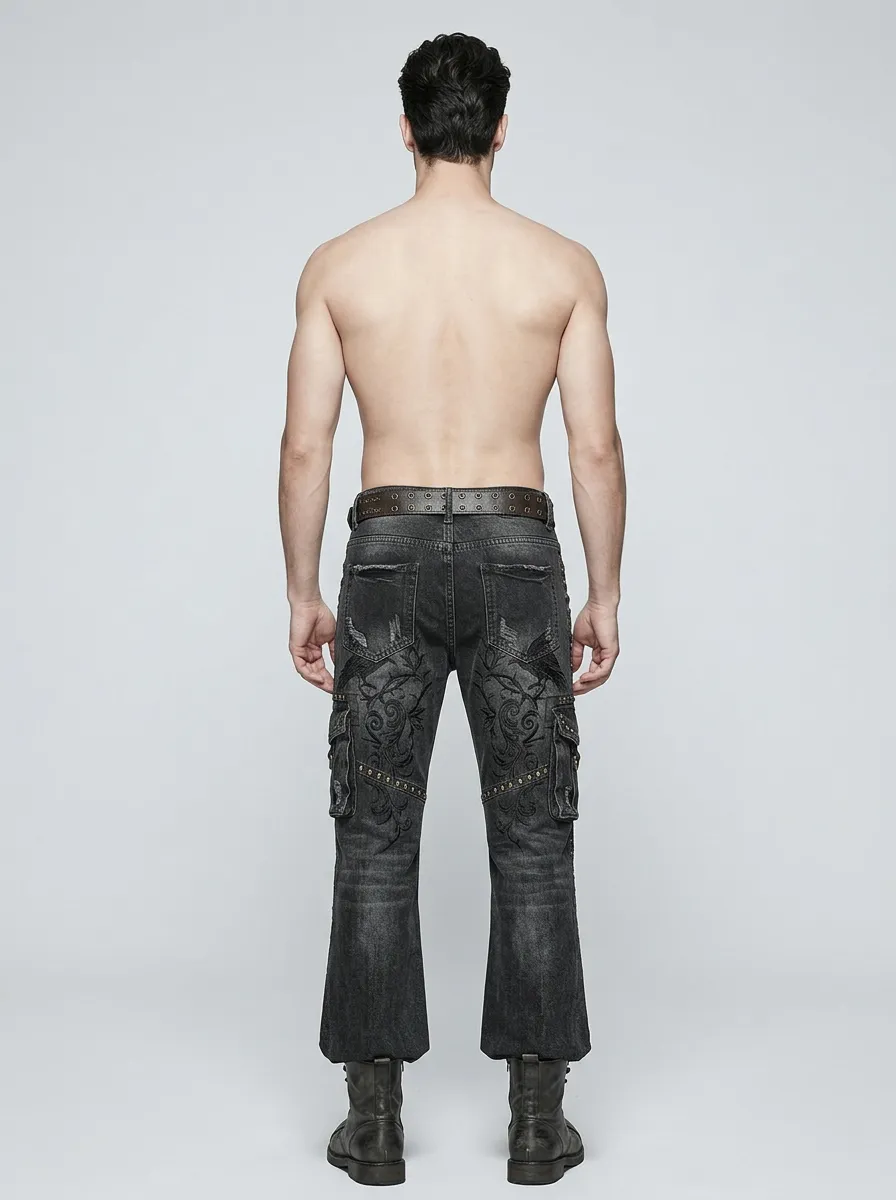 Shadow Raven Floral Distressed Detail Men's Gothic Cargo Pants