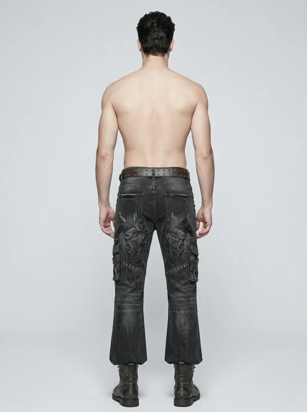 Shadow Raven Floral Distressed Detail Men's Gothic Cargo Pants