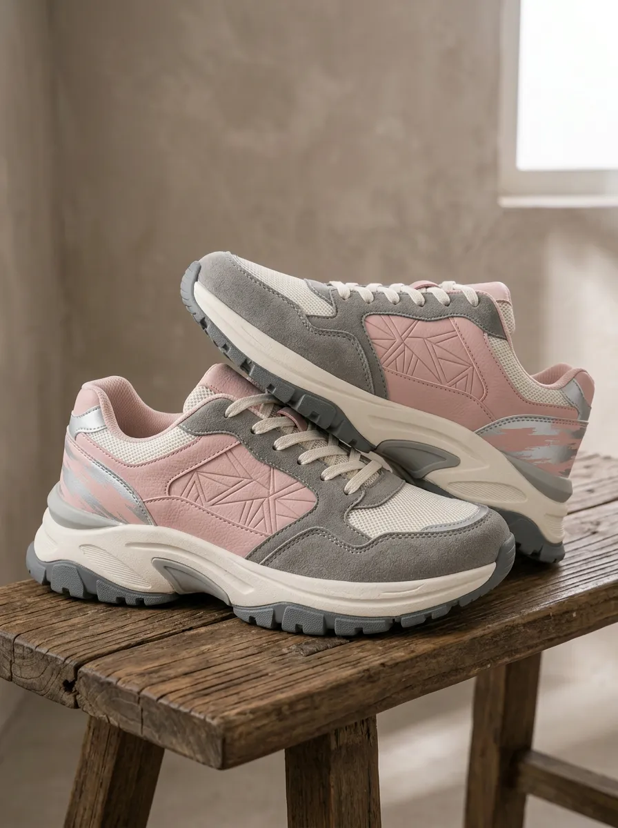 Women's Pink Grey Geometric Pattern Printed Sneakers