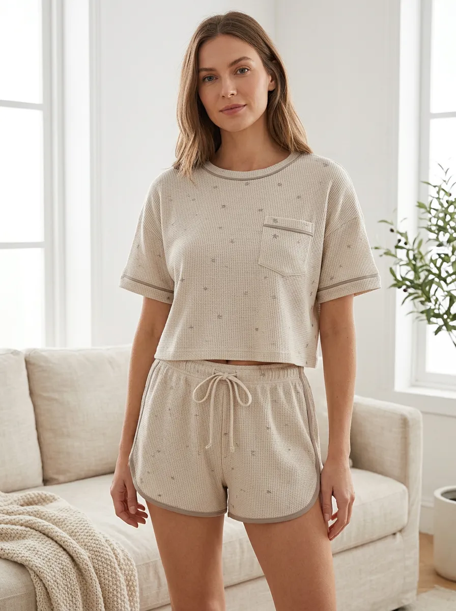 Women's Minimalist Star Pattern Waffle Knit Printed Loungewear Set