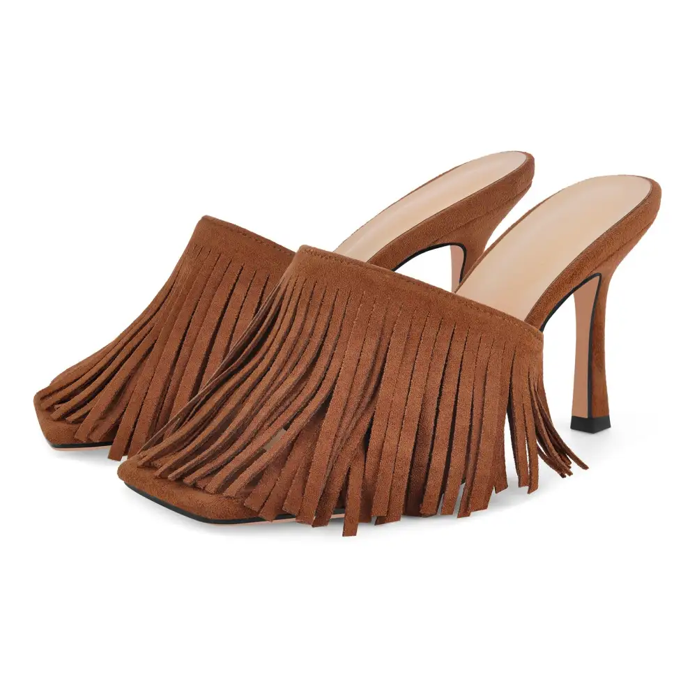 Square Toe Fringe Stiletto Mule Sandals
