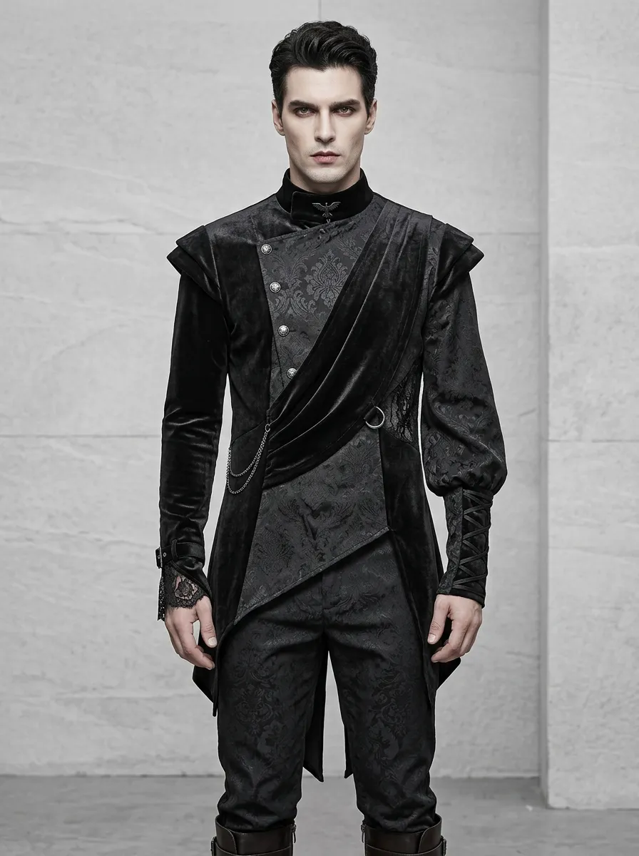 Dramatic Damask Victorian Look Men's Gothic Asymmetric Shirt