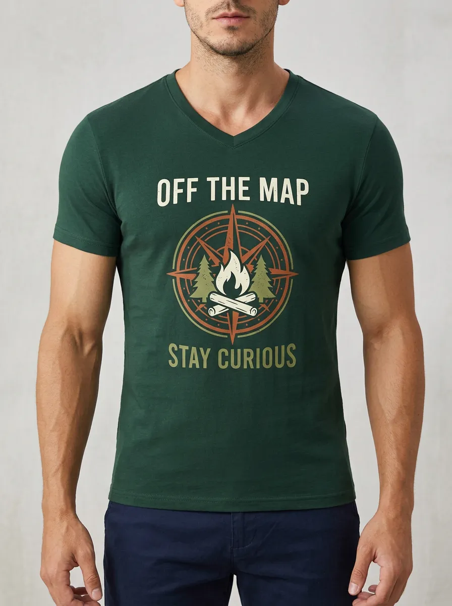 Men's Camping Adventure Compass Fire Printed V-Neck T-Shirt
