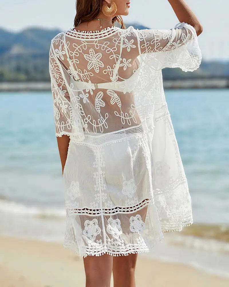 V-neck Lace Crochet Bikini Cover Up With Tassels