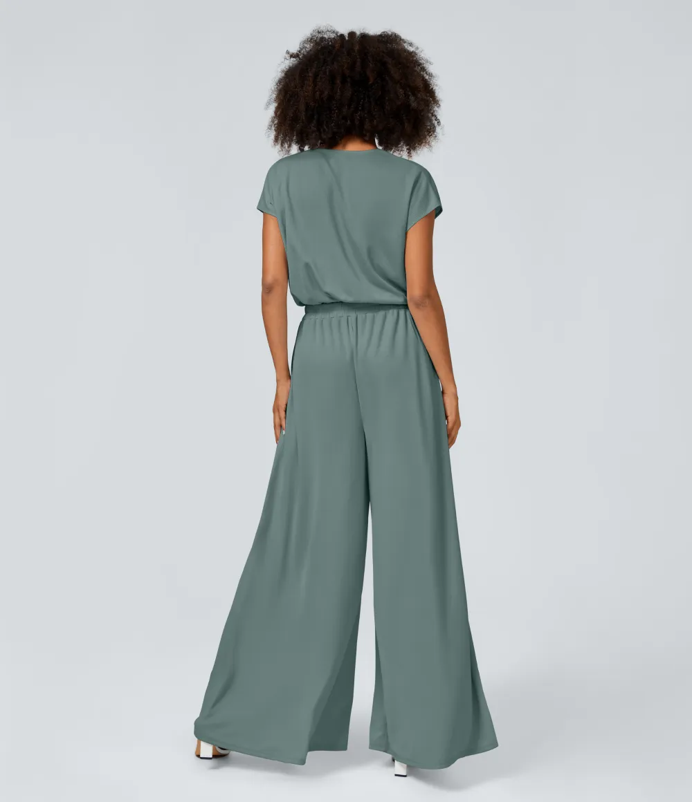 V Neck Short Sleeve Side Pocket Wide Leg Flowy Waffle Casual Jumpsuit